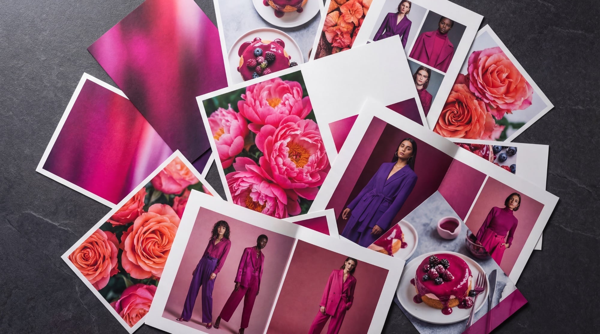 Locker überlappende Druckbögen mit lebendigen Beyond-CMYK-Farben in Pink, Violett und Berry auf dunklem Schiefer